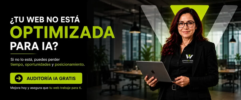 Asistente digital de SomosTuWeb en oficina moderna mostrando una auditoría web para inteligencia artificial, con mensaje sobre optimización AEO, GEO y posicionamiento en buscadores de IA para mejorar visibilidad, oportunidades y resultados online